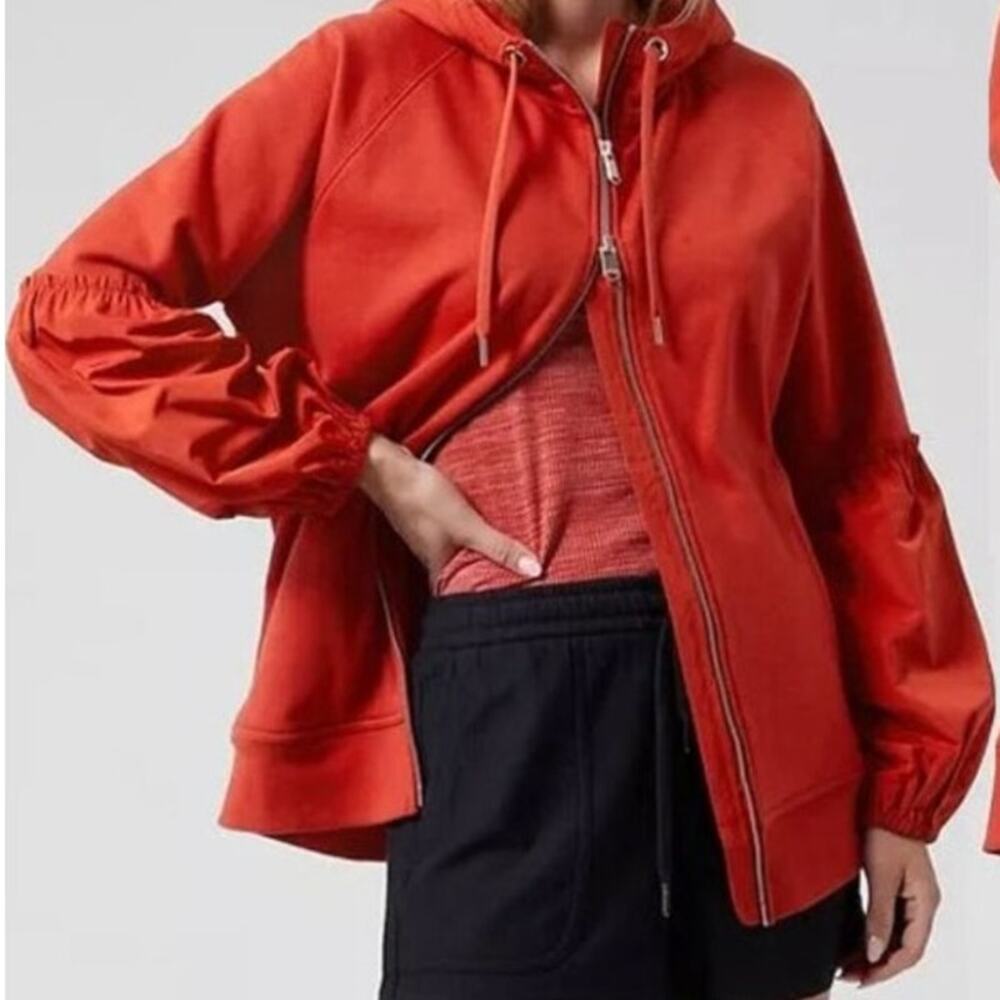 Athleta On My Way Triumph Hoodie M Orange Red Full Zip Organic Cotton Jacket